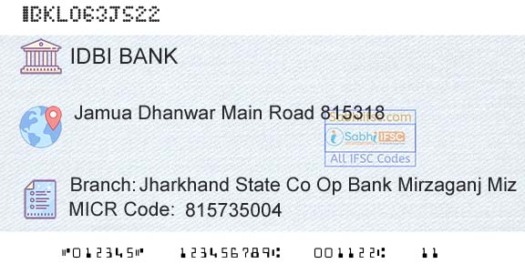 Idbi Bank Jharkhand State Co Op Bank Mirzaganj MizBranch 