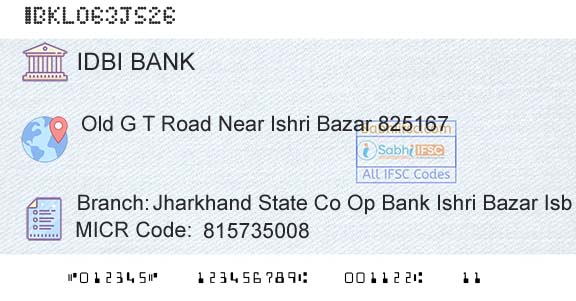 Idbi Bank Jharkhand State Co Op Bank Ishri Bazar IsbBranch 