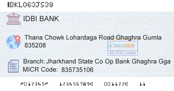 Idbi Bank Jharkhand State Co Op Bank Ghaghra GgaBranch 