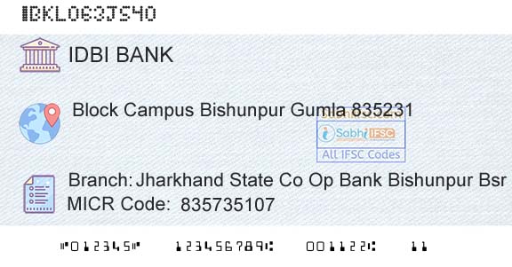 Idbi Bank Jharkhand State Co Op Bank Bishunpur BsrBranch 