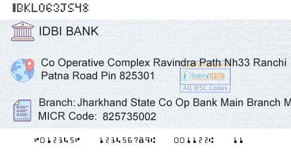 Idbi Bank Jharkhand State Co Op Bank Main Branch MbrBranch 