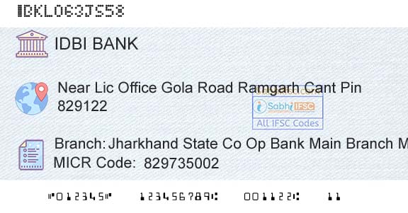 Idbi Bank Jharkhand State Co Op Bank Main Branch MbrBranch 