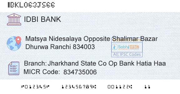 Idbi Bank Jharkhand State Co Op Bank Hatia HaaBranch 
