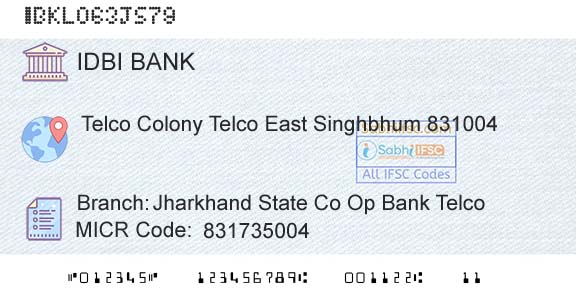 Idbi Bank Jharkhand State Co Op Bank TelcoBranch 