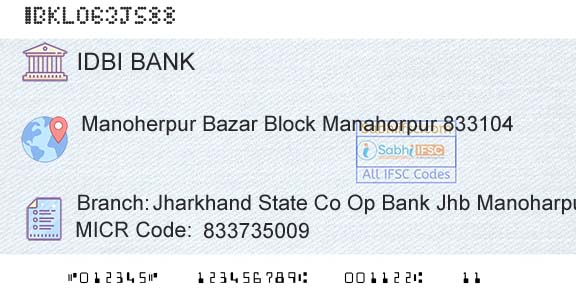 Idbi Bank Jharkhand State Co Op Bank Jhb Manoharpur ManBranch 
