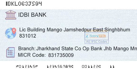 Idbi Bank Jharkhand State Co Op Bank Jhb Mango MnoBranch 