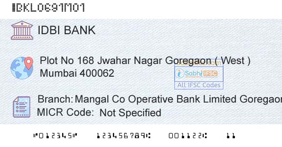 Idbi Bank Mangal Co Operative Bank Limited Goregaon WestBranch 
