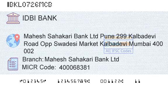 Idbi Bank Mahesh Sahakari Bank LtdBranch 