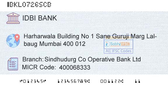 Idbi Bank Sindhudurg Co Operative Bank Ltd Branch 