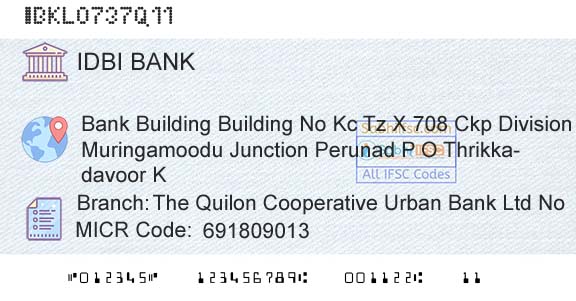 Idbi Bank The Quilon Cooperative Urban Bank Ltd No Branch 