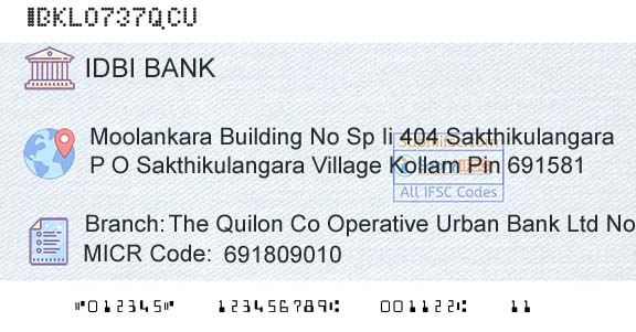 Idbi Bank The Quilon Co Operative Urban Bank Ltd No Branch 