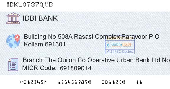 Idbi Bank The Quilon Co Operative Urban Bank Ltd No ParavoorBranch 
