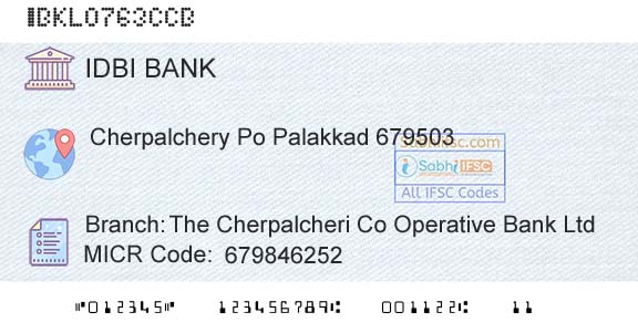 Idbi Bank The Cherpalcheri Co Operative Bank LtdBranch 