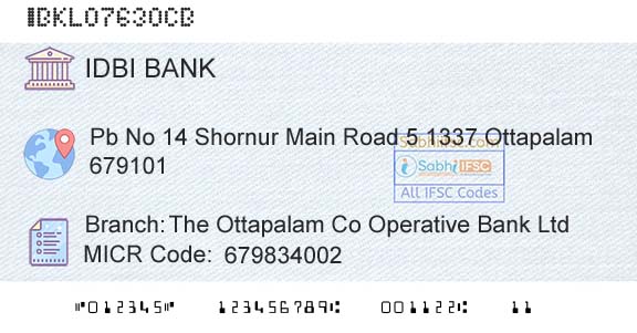 Idbi Bank The Ottapalam Co Operative Bank LtdBranch 