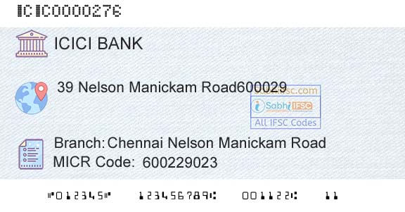 Icici Bank Limited Chennai Nelson Manickam RoadBranch 