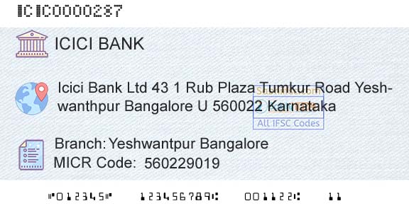 Icici Bank Limited Yeshwantpur BangaloreBranch 