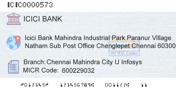 Icici Bank Limited Chennai Mahindra City U InfosysBranch 