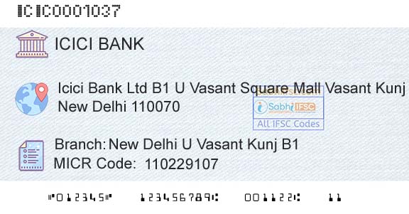 Icici Bank Limited New Delhi U Vasant Kunj B1Branch 