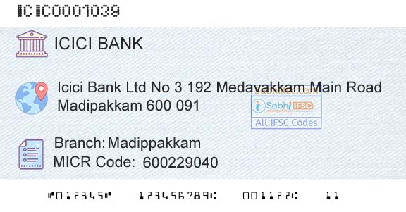 Icici Bank Limited MadippakkamBranch 