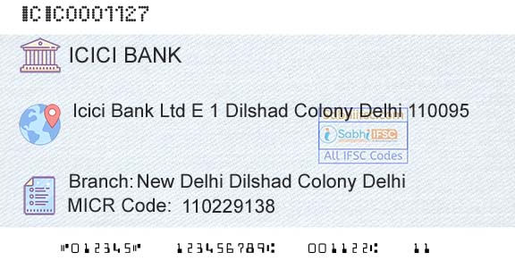 Icici Bank Limited New Delhi Dilshad Colony DelhiBranch 