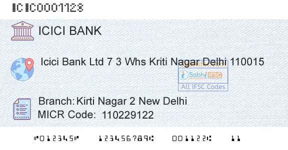 Icici Bank Limited Kirti Nagar 2 New DelhiBranch 