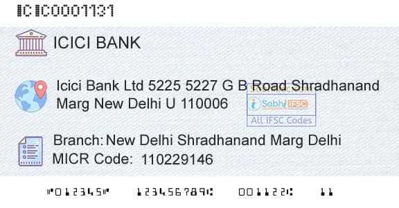 Icici Bank Limited New Delhi Shradhanand Marg DelhiBranch 