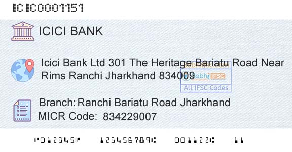 Icici Bank Limited Ranchi Bariatu Road JharkhandBranch 