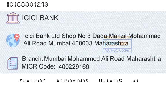 Icici Bank Limited Mumbai Mohammed Ali Road MaharashtraBranch 