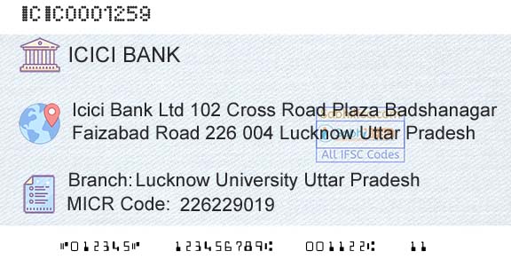 Icici Bank Limited Lucknow University Uttar PradeshBranch 