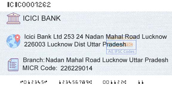 Icici Bank Limited Nadan Mahal Road Lucknow Uttar PradeshBranch 