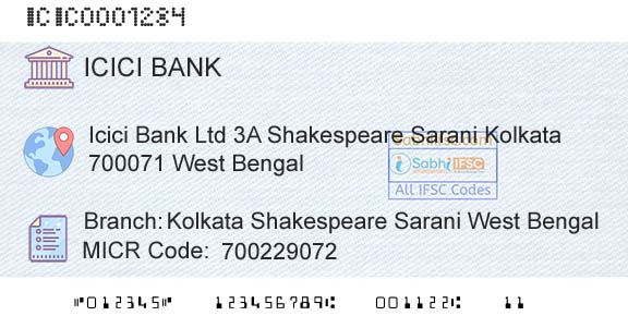 Icici Bank Limited Kolkata Shakespeare Sarani West BengalBranch 