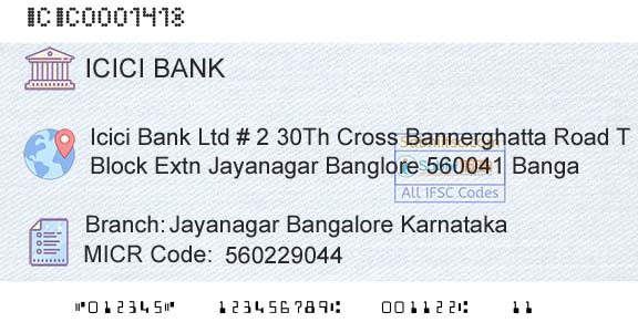 Icici Bank Limited Jayanagar Bangalore KarnatakaBranch 