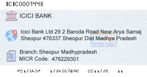 Icici Bank Limited Sheopur MadhypradeshBranch 