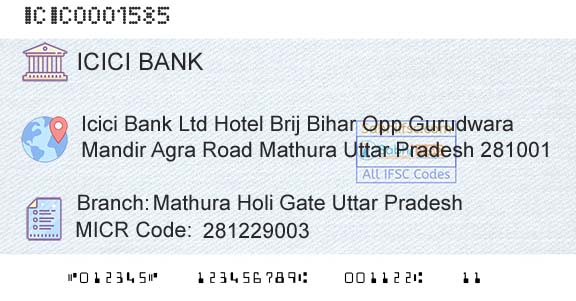 Icici Bank Limited Mathura Holi Gate Uttar PradeshBranch 