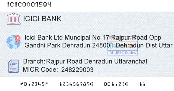 Icici Bank Limited Rajpur Road Dehradun UttaranchalBranch 