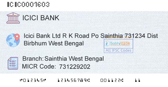 Icici Bank Limited Sainthia West BengalBranch 