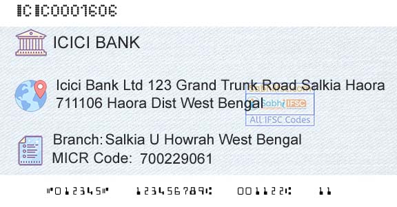 Icici Bank Limited Salkia U Howrah West BengalBranch 