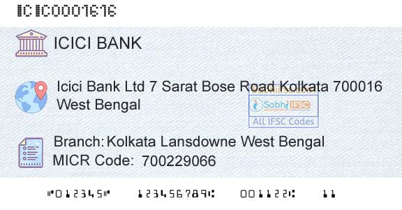 Icici Bank Limited Kolkata Lansdowne West BengalBranch 