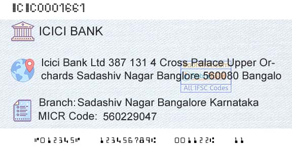 Icici Bank Limited Sadashiv Nagar Bangalore KarnatakaBranch 