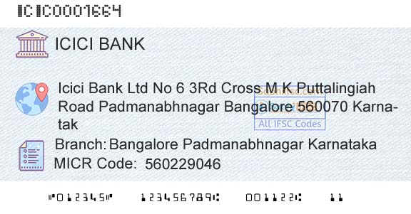 Icici Bank Limited Bangalore Padmanabhnagar KarnatakaBranch 