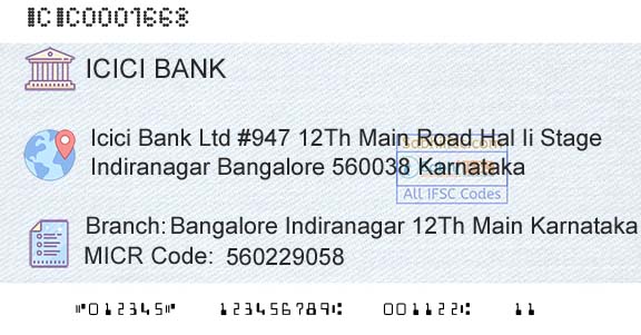 Icici Bank Limited Bangalore Indiranagar 12th Main KarnatakaBranch 