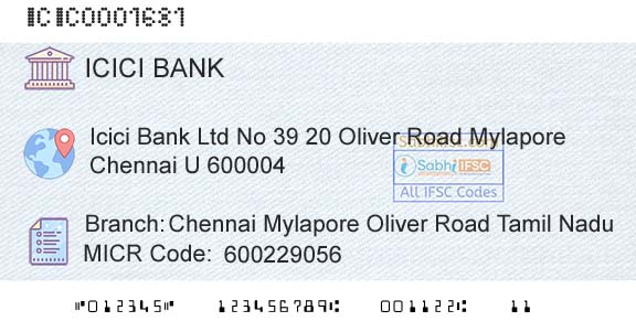 Icici Bank Limited Chennai Mylapore Oliver Road Tamil NaduBranch 