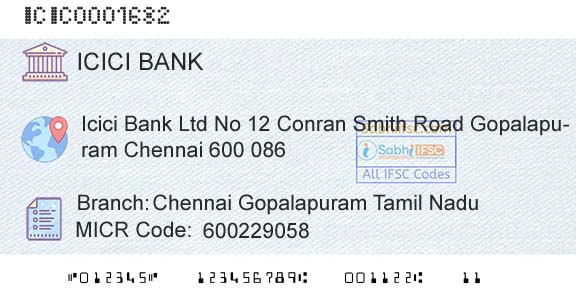 Icici Bank Limited Chennai Gopalapuram Tamil NaduBranch 