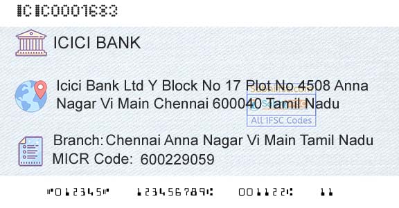 Icici Bank Limited Chennai Anna Nagar Vi Main Tamil NaduBranch 