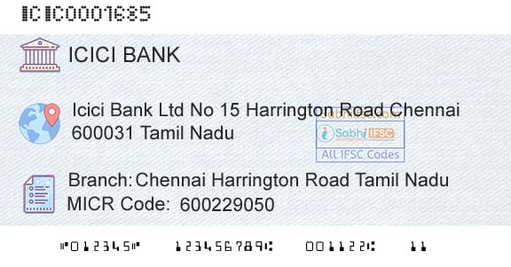 Icici Bank Limited Chennai Harrington Road Tamil NaduBranch 