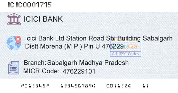 Icici Bank Limited Sabalgarh Madhya PradeshBranch 