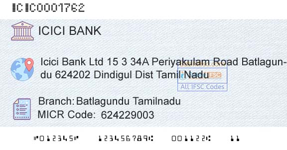 Icici Bank Limited Batlagundu TamilnaduBranch 
