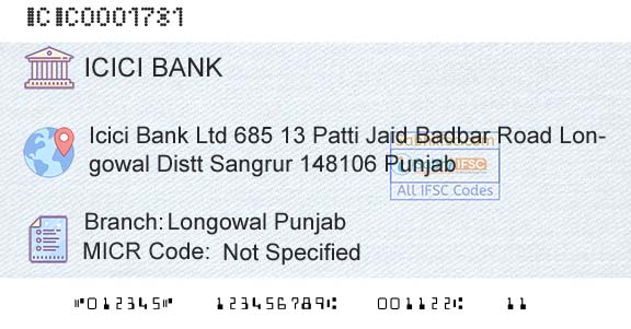 Icici Bank Limited Longowal PunjabBranch 