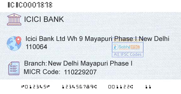 Icici Bank Limited New Delhi Mayapuri Phase IBranch 