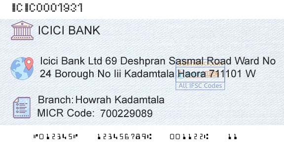Icici Bank Limited Howrah KadamtalaBranch 
